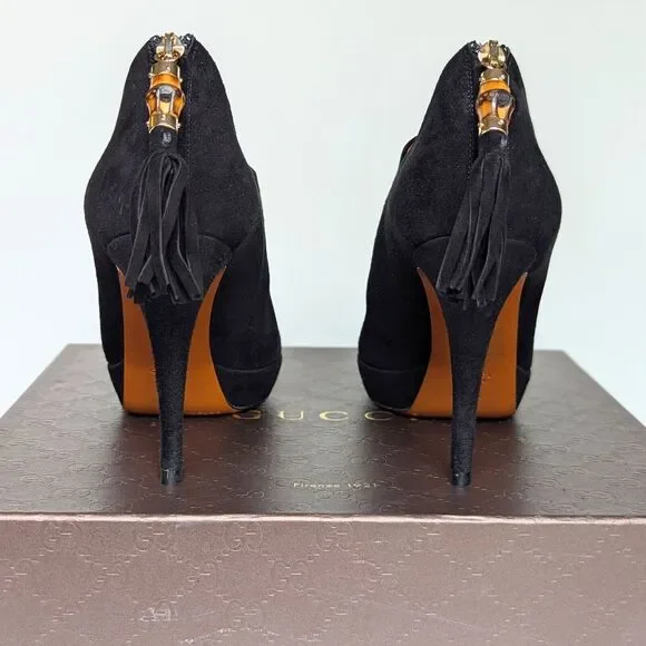 Gucci Betty High Heel Platform Bootie Size 36.5 | 6.5 Black Suede Bamboo Tassel - Picture 4 of 15